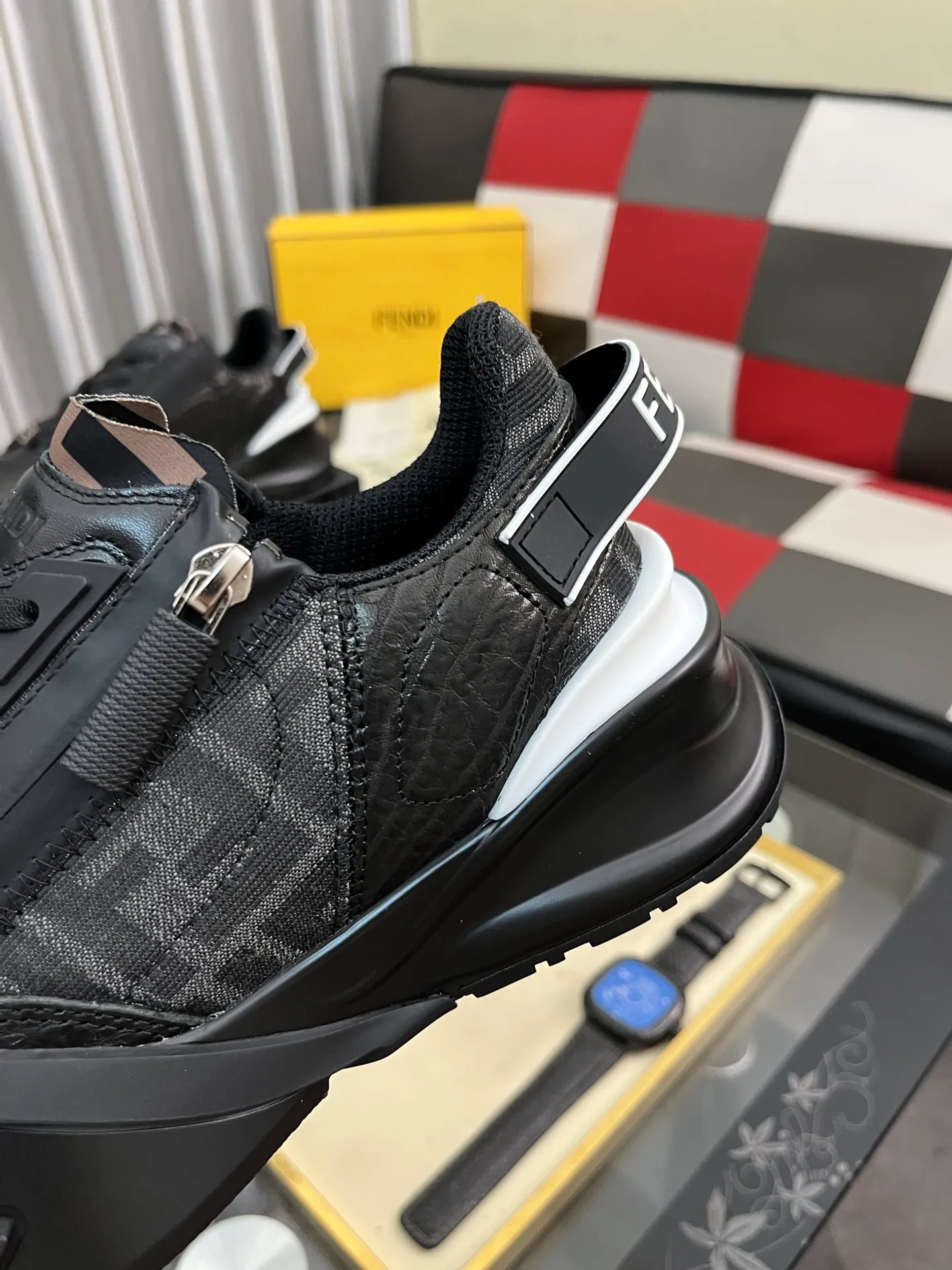 Men's shoes 💰620⌚️⌚️ FEND* — Fendi Flow men's casual sneakers, with elastic straps, side zippers, and corrugated soles engraved with F. Embossed Fendi Flow lettering on the heel. Made of technical fabric and a mix of blue and genuine leather. Decorated with Lycra® details. FF graphic tongue. Ultra-light and wear-resistant EVA sole. Code number: 38-44